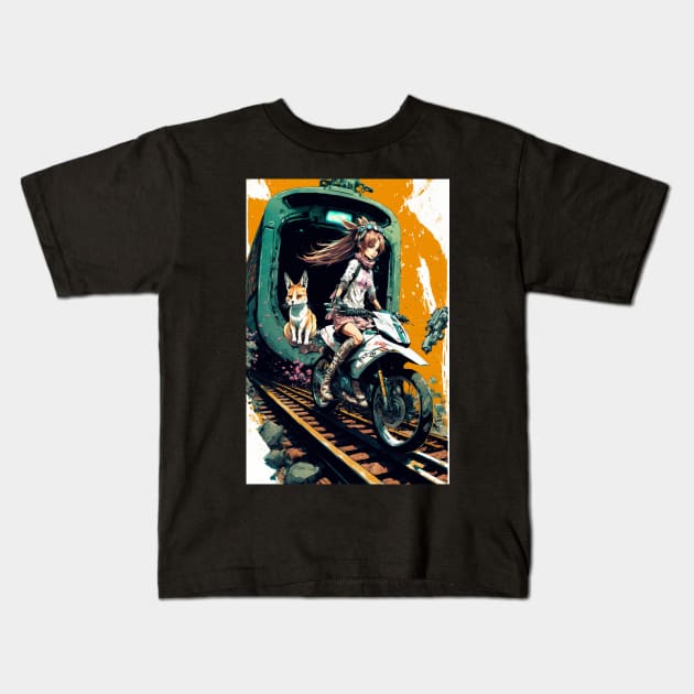 Japanese anime girl riding a bike on the train track Kids T-Shirt by KoolArtDistrict